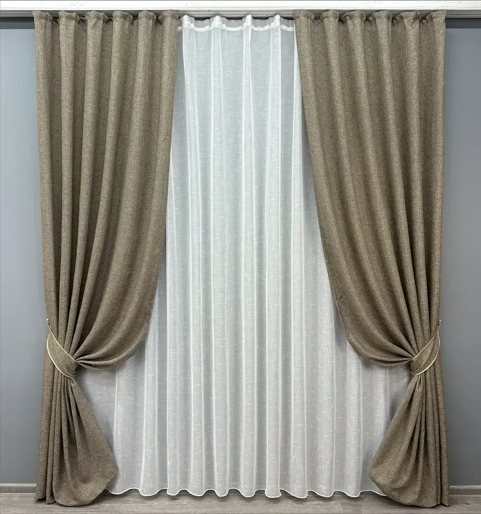 Комплект штор з тюлем VR-Textil Льон Мішковина, какао з білим, 2 штори 150×270 см + тюль 400×270 см, арт. 71-023/3