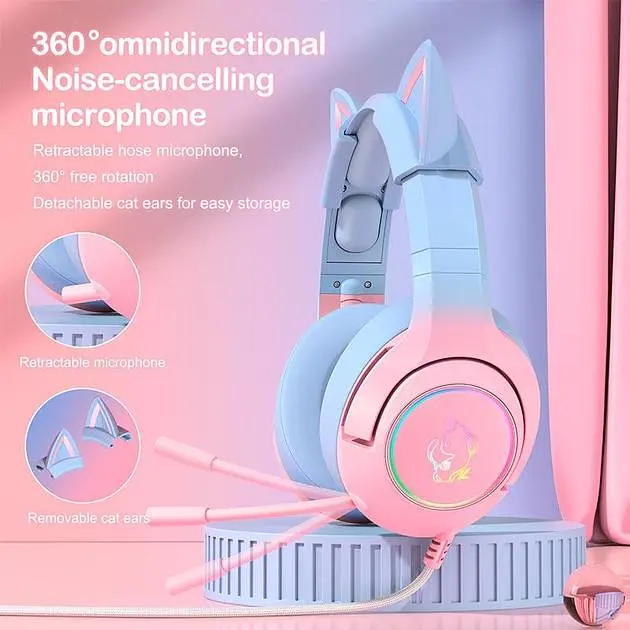 Дротова гарнітура Onikuma Gaming CAT Gradient with RGB K9, 7.1, USB, 2.2m, pink&blue - фото 6