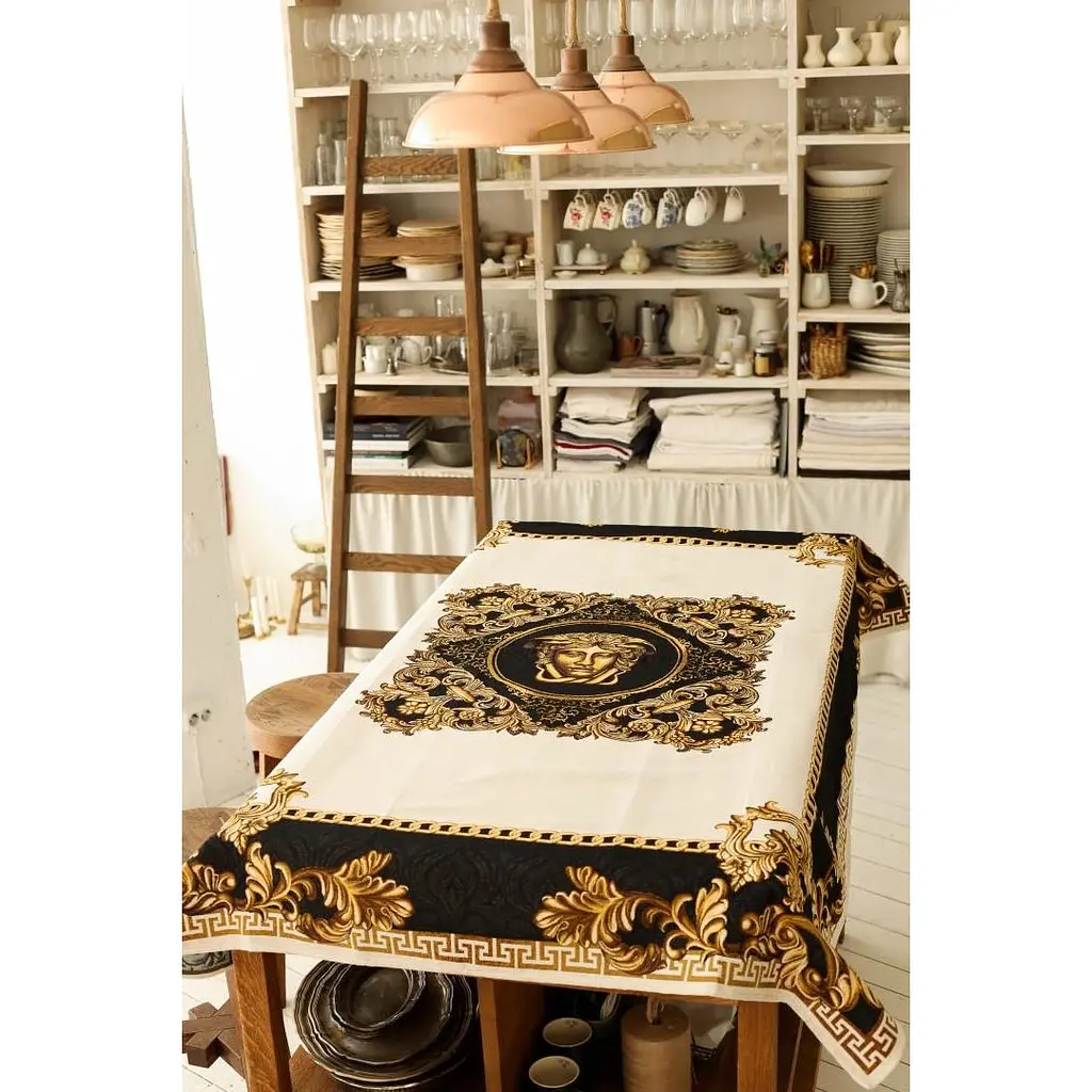 Скатертина Прованс Arte di lusso 140х135 см чорно-біла з золотим (25448) - фото 8