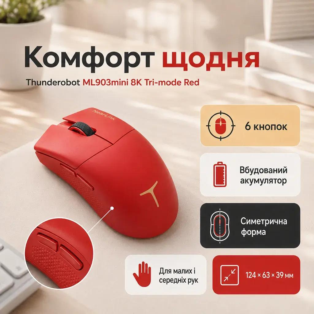 Мишка Thunderobot ML903mini 8K Tri-mode Red (6932066320218) - фото 3