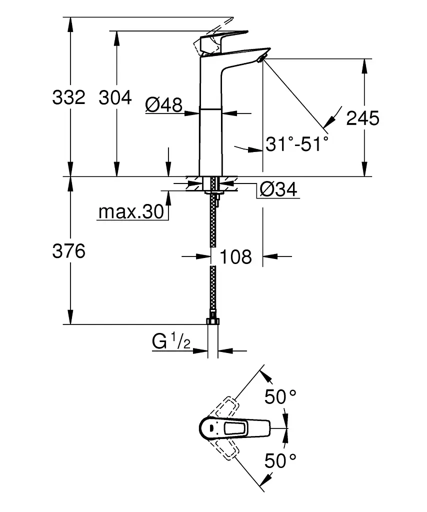 Змішувач для умивальника Grohe Bauloop New Xl-розміру 32856001, Хром - фото 2