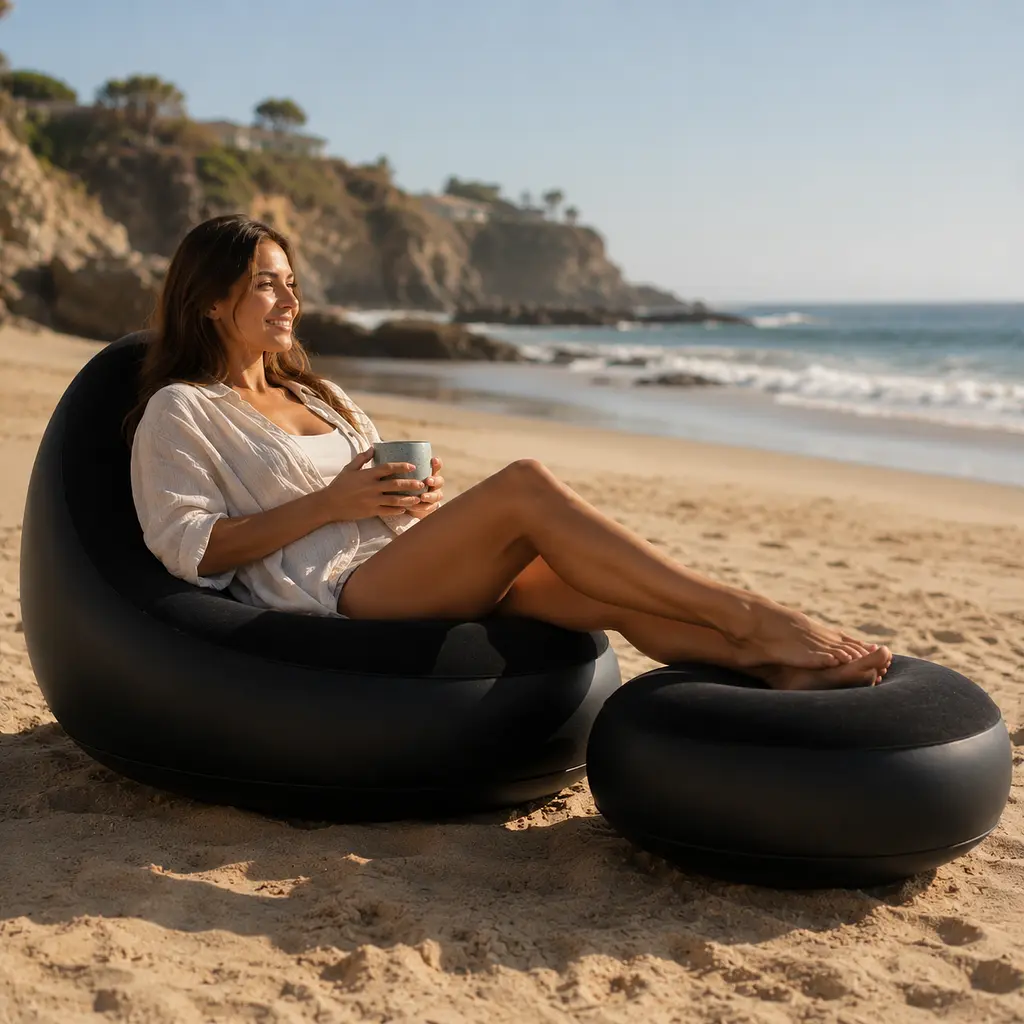 Надувний диван з пуфом Air Sofa / Надувне велюрове крісло з пуфом + насос Чорний - фото 2