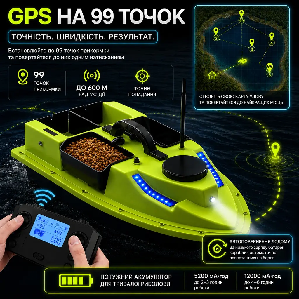 Прикормочний кораблик для риболовлі з GPS на 99 точок, до 2 кг, дальність 600 м - фото 7