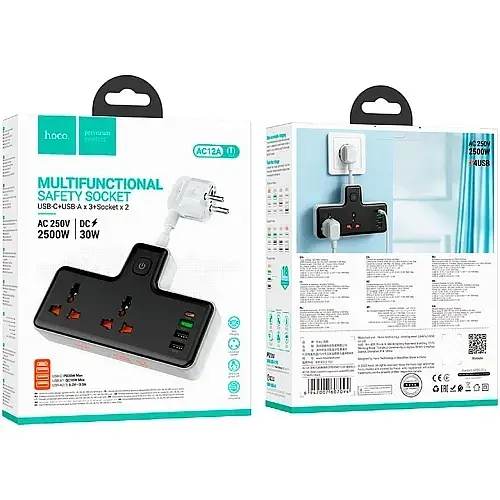 Мережевий подовжувач Hoco AC12A Reise 2-Position Expansion Socket (PD30W/1C3A)Black - фото 4
