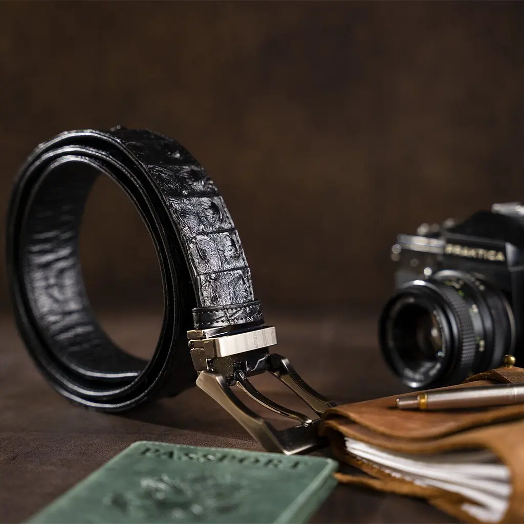 Ремінь класика з натуральної шкіри крокодила чорний CROCODILE LEATHER 18018 117 см - фото 4