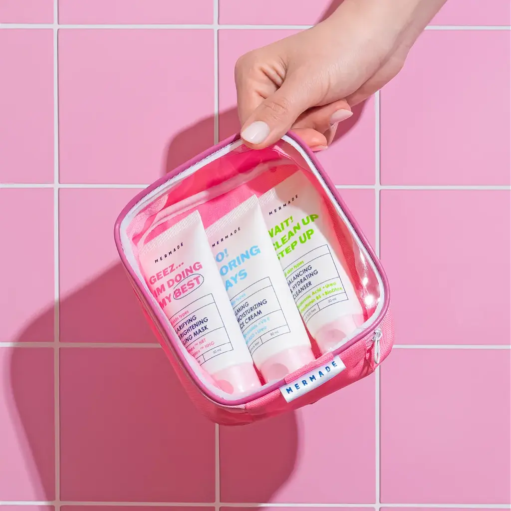 Подарунковий набір Mermade Try Kit Face Care: гель для вмивання обличчя Wait Clean Up Step Up 50 мл + ензимна маска для очищення шкіри обличчя Geez..Im Doing My Best 50 мл + зволожуючий крем для обличчя No Boring Days 50 мл + косметичка  - фото 3