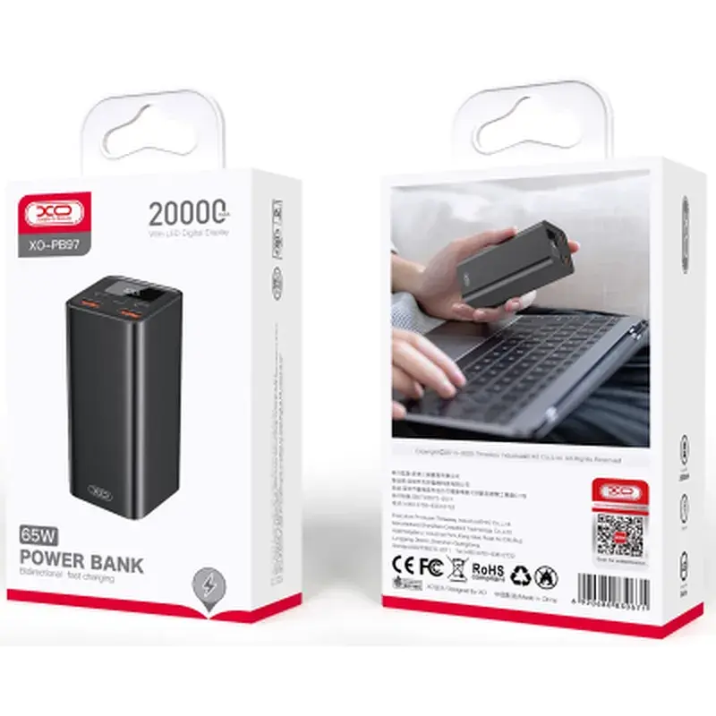 Батарея універсальна XO 20000mAh, PD/65W for laptop, QC/22.5W, black (PB97_Black) - фото 3