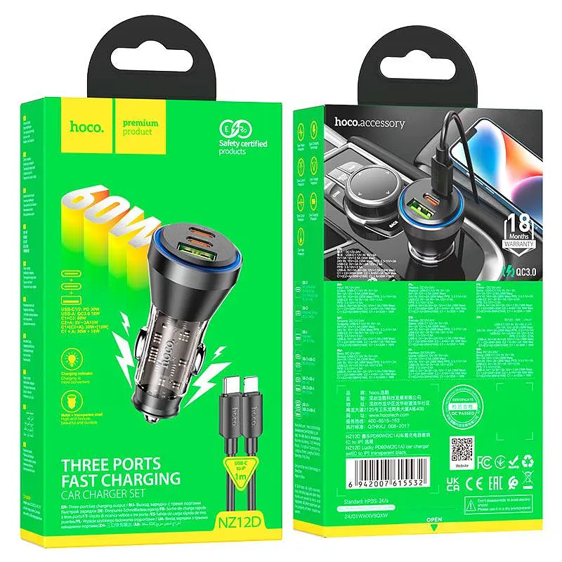 Зарядний пристрій - Автоадаптер на 3 виходи - Hoco NZ12D Lucky 60 W з кабелем USB-C - Lightning - фото 4