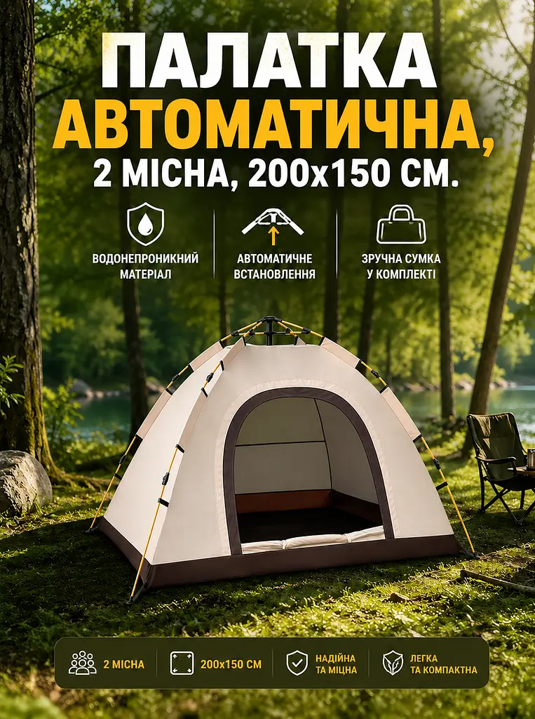Намет туристичний автоматичний 2-місний 200x150 см з москітною сіткою, бежевий (49675859), Бежевий - фото 2
