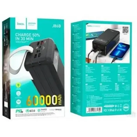 Внешний аккумулятор Hoco PowerBank J86B 60000 mAh PD20W+QC3.0 22.5W with LED light Black 60865-ska - фото 5
