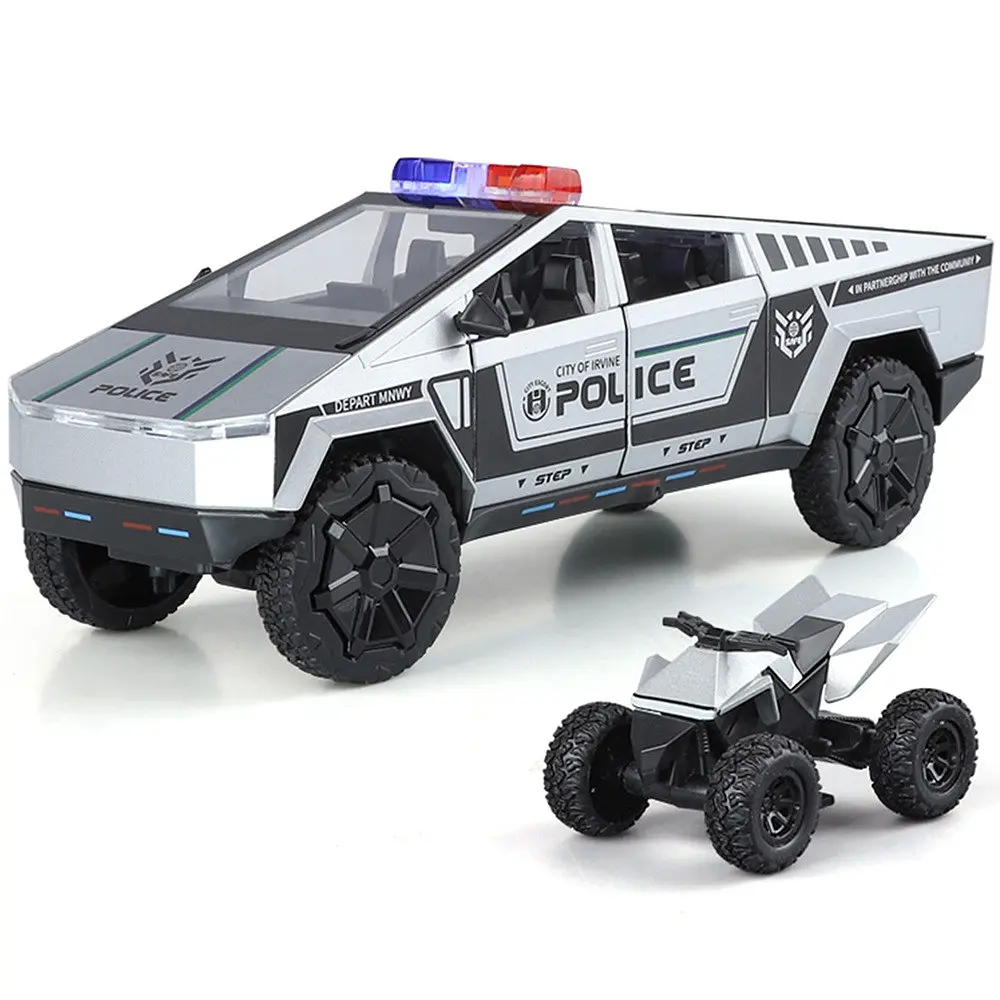 Колекційна металева модель поліцейського автомобіля Tesla Cybertruck Police з квадроциклом, інерцією, світлом та звуком 1:24 - фото 5
