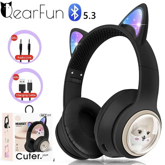 Детские беспроводные Bluetooth наушники AZK-01 c RGB подсветкой и встроенным микрофоном Чёрный - фото 3