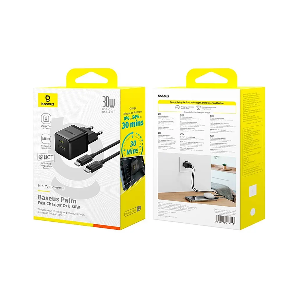 Зарядний пристрій Baseus 1xUSB-C 30 Вт + 1xUSB + кабель USB-C — USB-C 60 Вт 1.0 м (P1011160A113-01) - фото 4