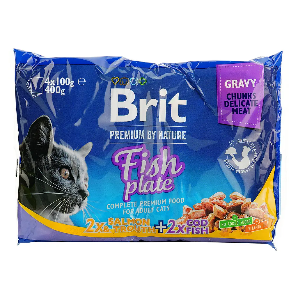 Набор влажных кормов для взрослых кошек Brit Premium Cat pouch Рыбная тарелка 400 г (4 уп. х 100 г) - фото 2