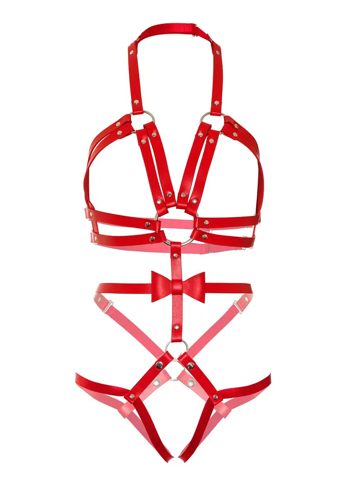 Портупея-тедді з ременів Leg Avenue Studded O-ring harness teddy L Red, екошкіра - фото 5