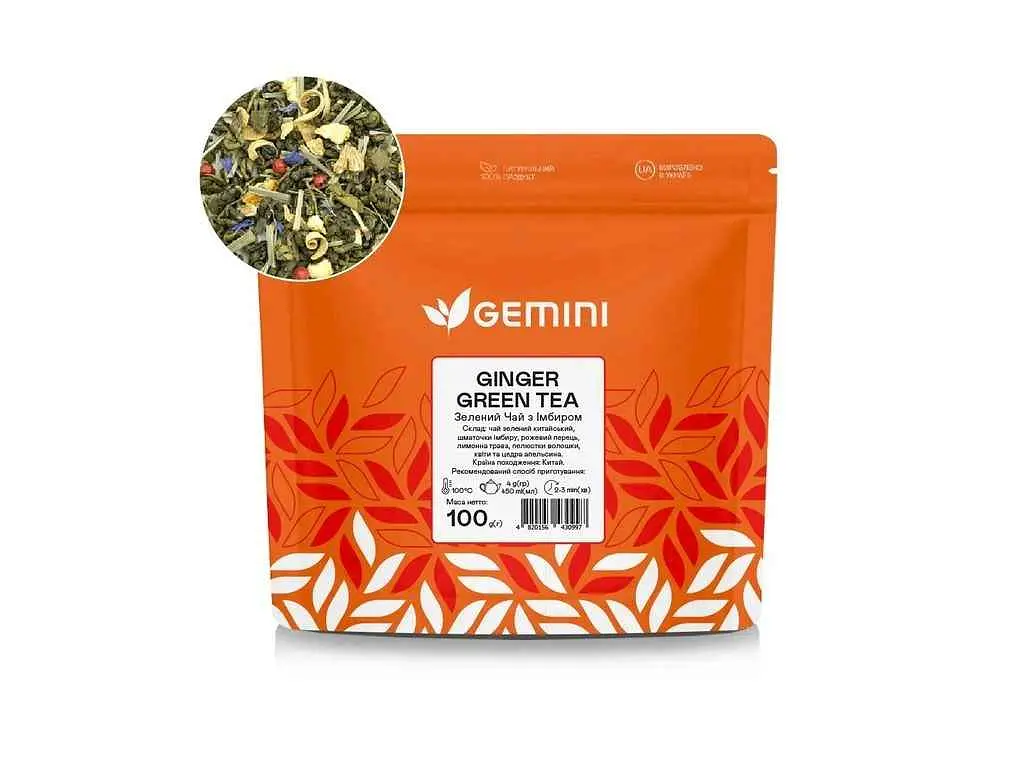 Чай фасований зелений GEMINI 100 г зелений з імбирем (Ginger Green Tea)