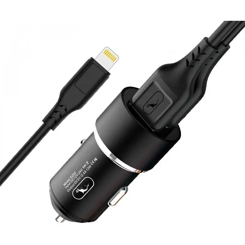 Автомобільний зарядний пристрій Sky Dolphin SZ02L AluMinium (2USB, 2.4A) Black (AZP-000071) + кабель Lightning - фото 2
