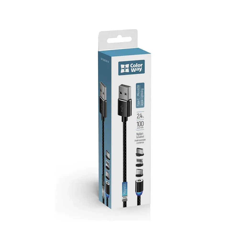 Дата кабель USB 2.0 AM to Lightning + Micro 5P + USB-C 1.0m Magnet only charge ColorWay (CW-CBUU020-BK) - фото 6