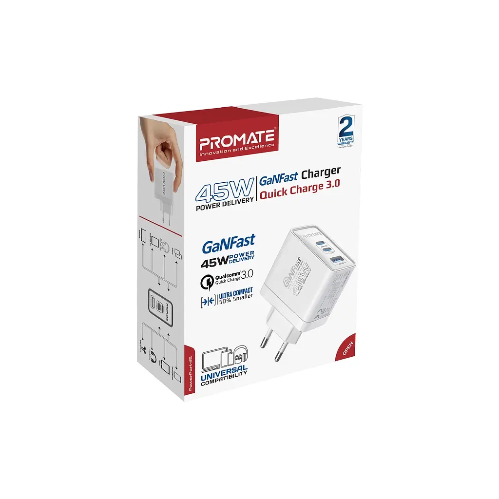 Зарядний пристрій Promate powerport-45 2xUSB-C PD + USB-A QC 45W White (powerport-45.white) - фото 6