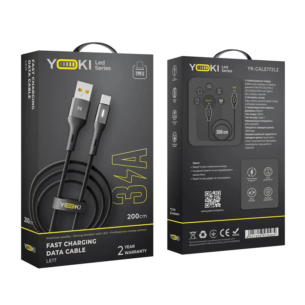 Кабель для заряджання та обміну даними Yoki YK-LE17 LED Series USB/Type C 60W 3A/20V 2 m Black - фото 2