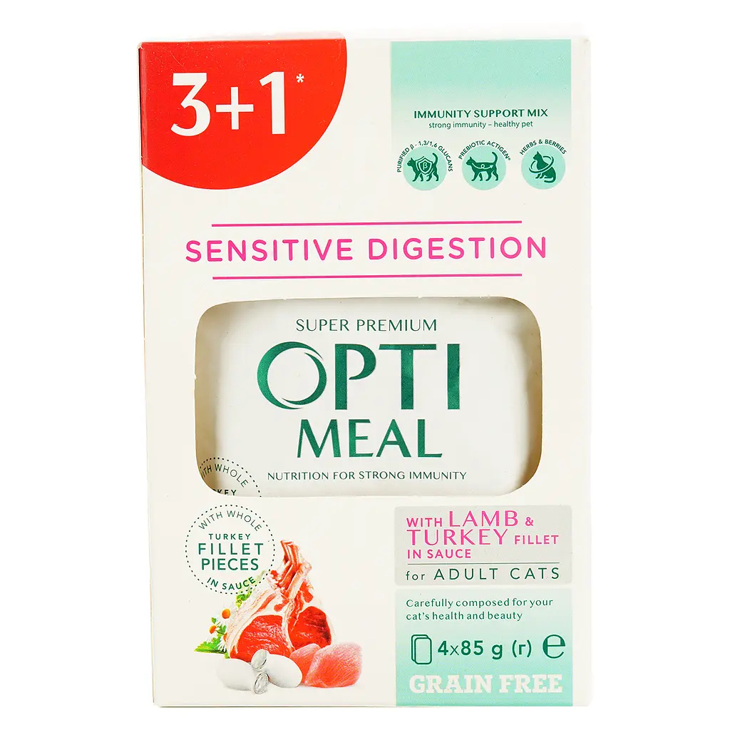 Набір вологого корму для котів Optimeal Sensitive Digestion 3+1 з ягням та філе індички 340 г (85 г х 4 шт.) (B2722701) - фото 2