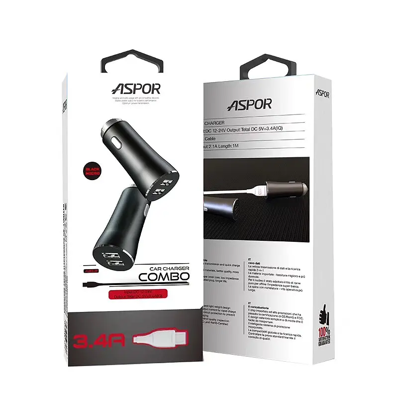 Автомобільний зарядний пристрій Aspor A918 Metal LED (2USB/3.4A) + кабель USB – Micro- чорний - фото 3