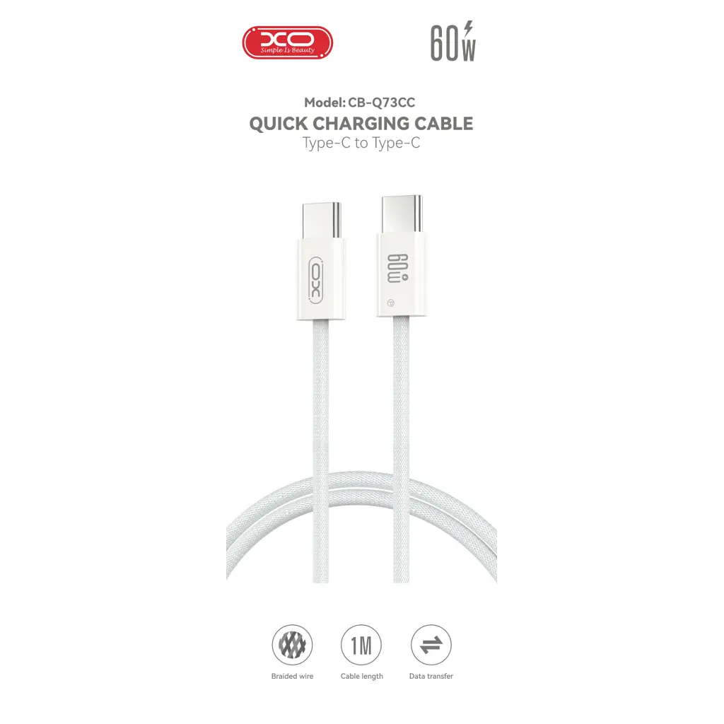 Дата кабель USB-C to USB-C 1.0m 60W white XO (CB-Q73CC) - фото 6