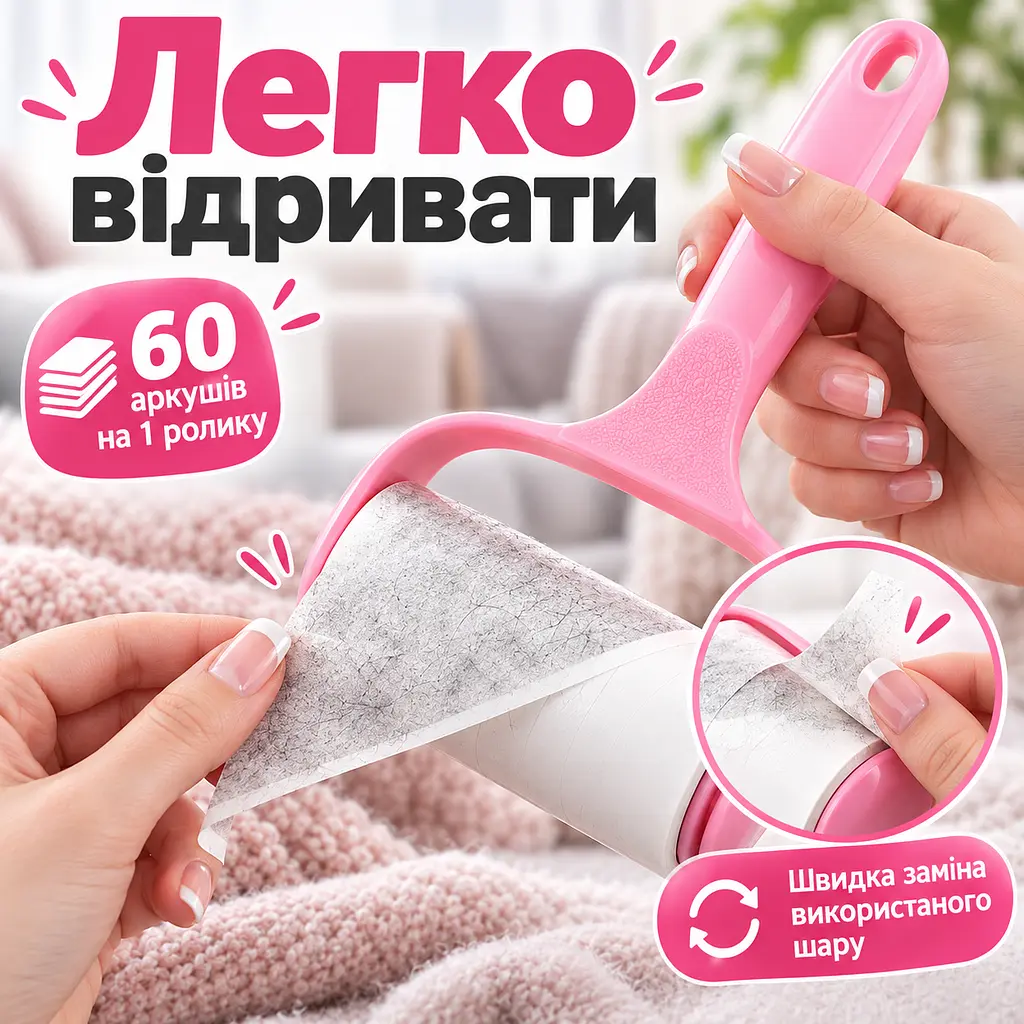 Ролик липучка для чищення одягу від шерсті та ворсу з ручкою + 6 змінних ролика по 60 аркушів KT9004406 - фото 7