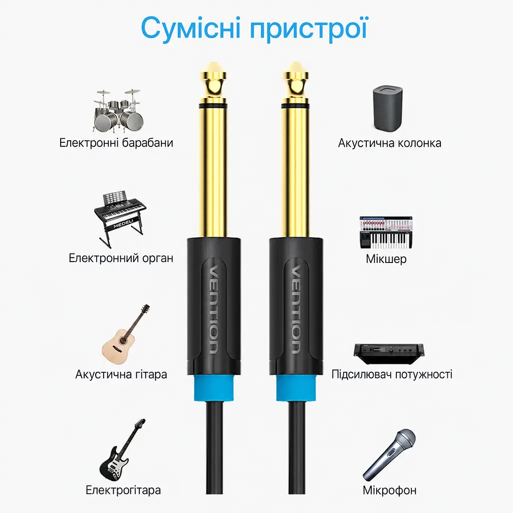 Монофонічний аудіокабель Vention 1 м Інструментальний кабель Штекери TS 6,35 мм на обох кінцях Екранування алюмінієвою фольгою та металевим обплетенням Посилений вузол біля штекера Позолочені штекери Чорний із синіми та золотистими акцентами (BAABF) - фото 7
