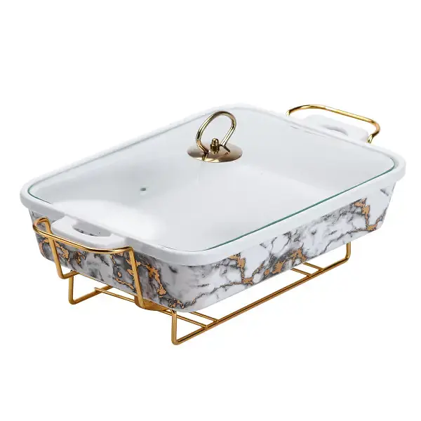 Настольная мармитница 2 литра мармит прямоугольный керамический 40х23х11 см на подставке Мрамор Yiwu HP1033 - фото 3