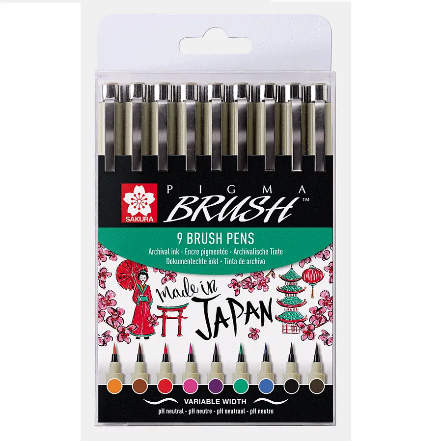 Набір лінерів-пензлів Sakura PIGMA Brush, 9 кол.