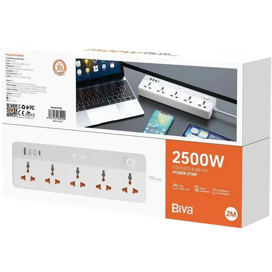 Мережевий фільтр Biva PS-06 5 sockets + 3USB 15W + 1TypeC 20w 2m Power Strip White - фото 2