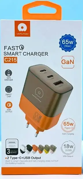 Мережевий зарядний пристрій WUW-C215 65W Charger 2 USB C + USB A коричнево-помаранчевий - фото 2
