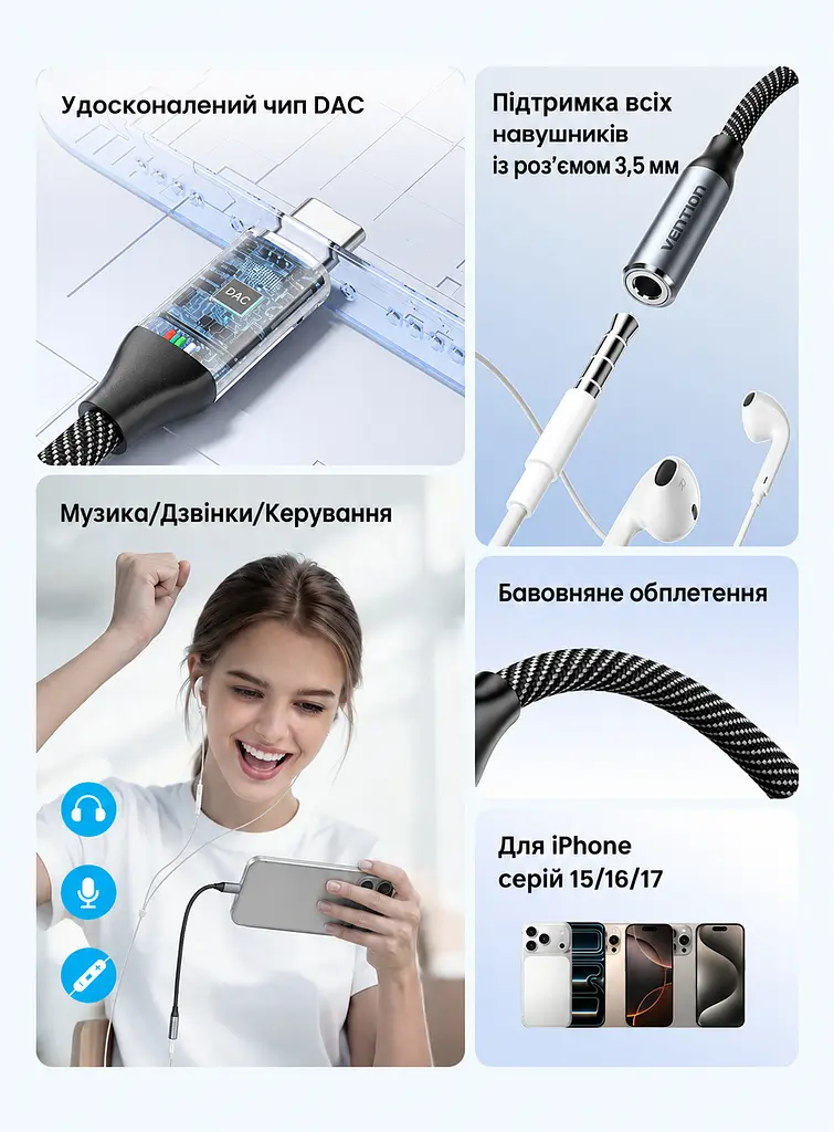 Аудіоадаптер Vention зі штекера USB-C на гніздо 3,5 мм з ЦАП DAC 16 біт 48 кГц з підтримкою дзвінків через гарнітуру TRRS з підтримкою пульта гарнітури залежно від телефона для навушників TRS та гарнітур OMTP і CTIA з бавовняним обплетенням кабелю з кабелем 0,15 м сірий (BIMHB) - фото 11