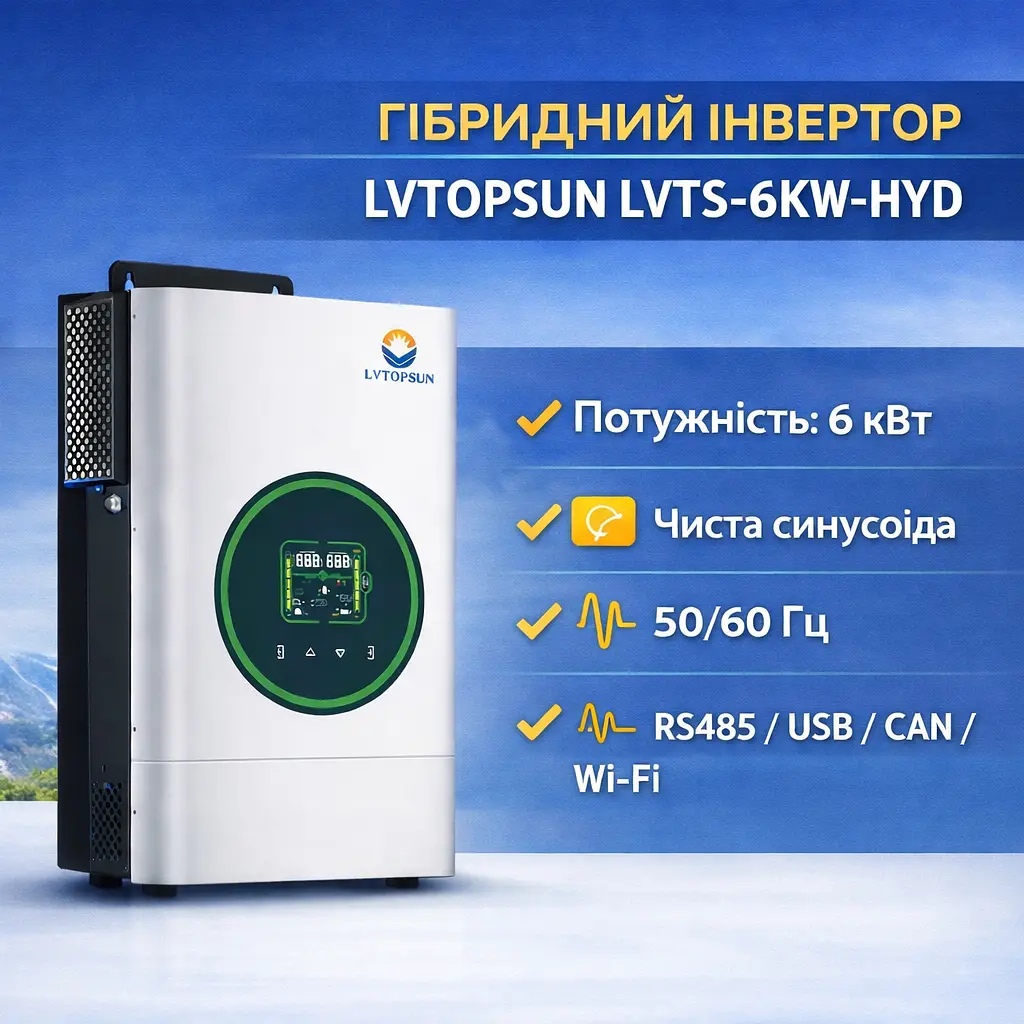 Гібридний інвертор LVTOPSUN LVTS-6KW-HYD 6 кВт для сонячних панелей та акумуляторів з чистою синусоїдою та MPPT - фото 2