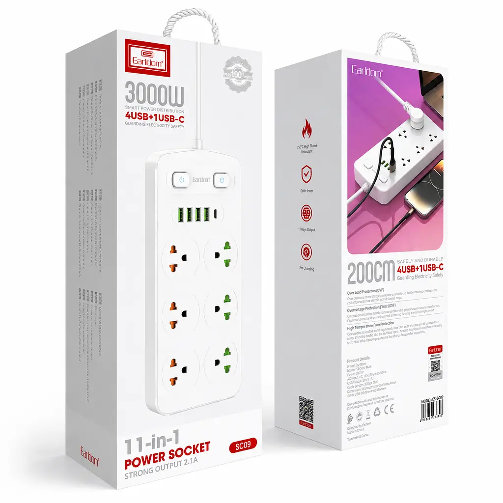 Мережевий фільтр Earldom ES-SC09 3000W 11-в-1 з 6 розетками, 4 USB-A та USB-C, білий - фото 7