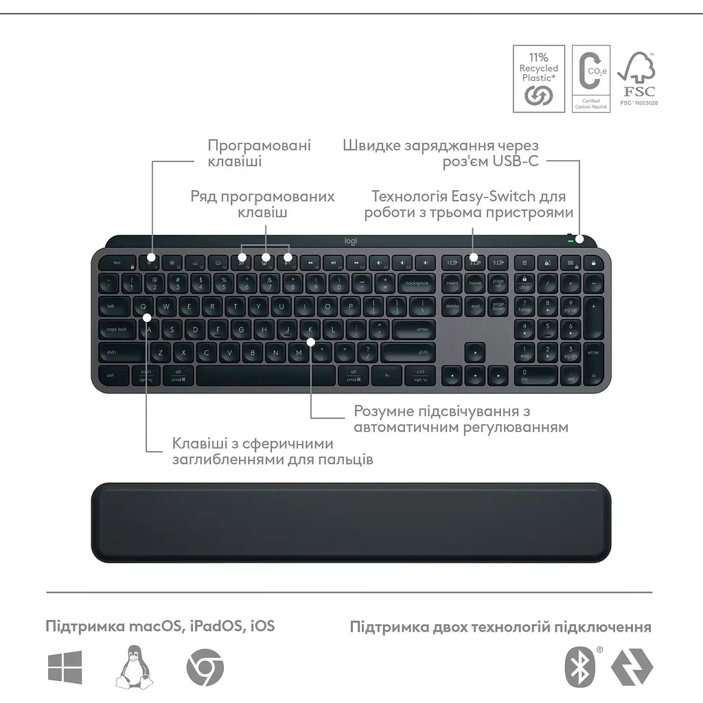 Комплект (клавіатура + миша) Logitech MX Keys S Plus Palmrest Wireless UA Graphite (920-011614) [94354] - фото 11