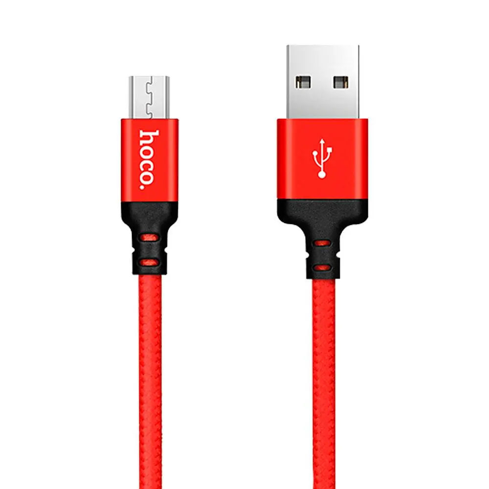 Кабель HOCO X14 USB to Micro 2,4A, 1m, nylon, aluminum connectors чорний-червоний