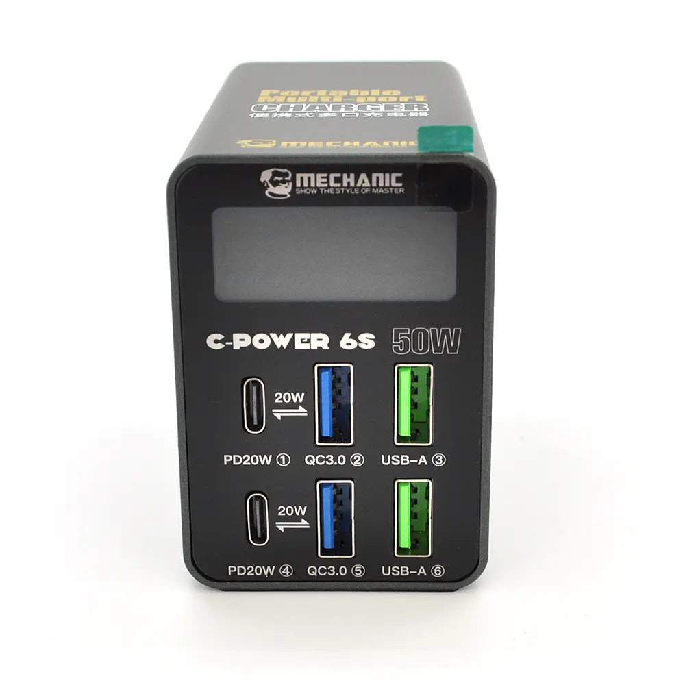 Зарядна станція з цифровою індикацією MECHANIC C-Power 6S, 2*USB-A, 2*QC3.0-5В3А,9В2A,12В1.5А, 2*PD3.1-5В3А,9В2.22A,12В1.67А, 220V/50W.150*100*50mm - фото 3