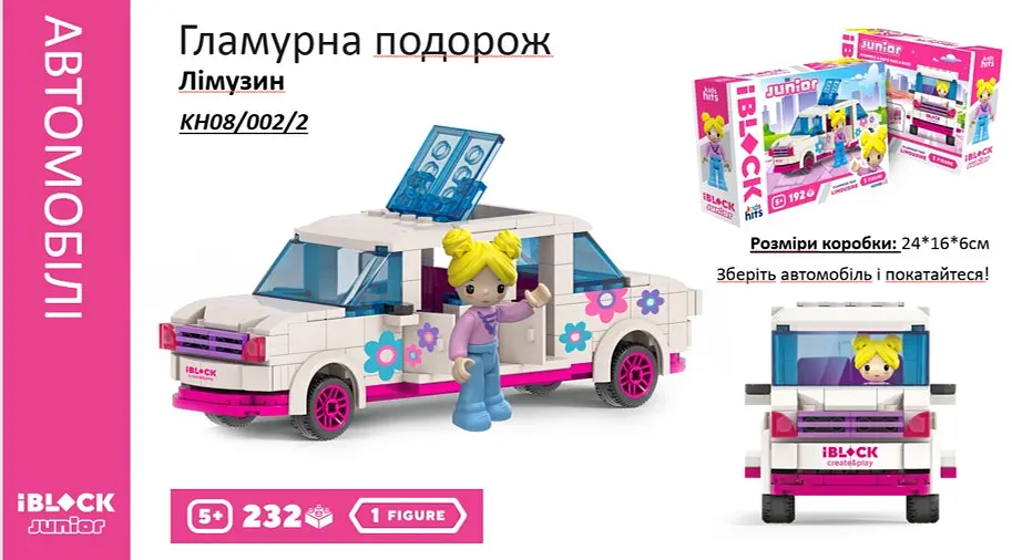 Конструктор Kids Hits IBLOCK JUNIOR Дівчатка Гламурна подорож лімузин, KH08/002/2, 232 деталі, 24x16x6 см - фото 2