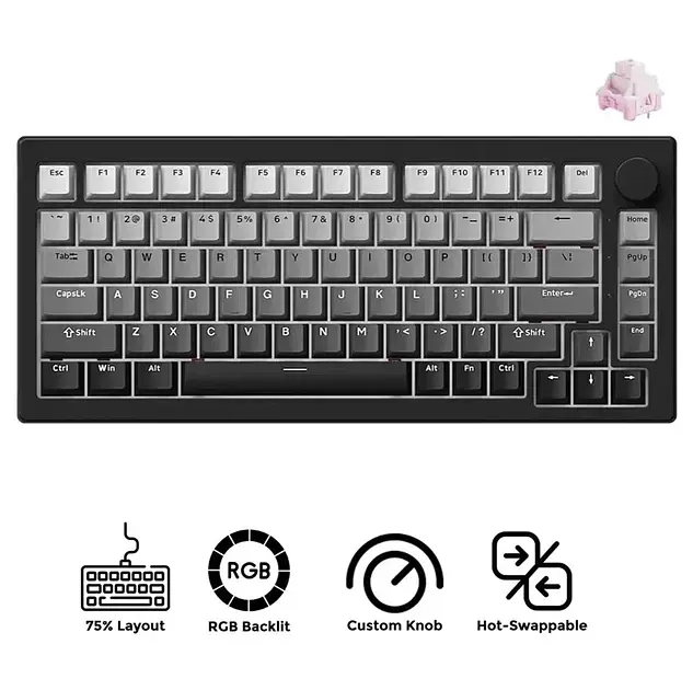 Игровая механическая клавиатура Akko 5075 V3 / Три режима подключения / Frost Pink Switch / Black - фото 2