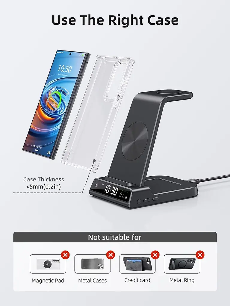 Бездротова зарядна станція 3-в-1 для Samsung Galaxy (S25/S24/S23/S22, Watch, Buds) з годинником, чорна - фото 6