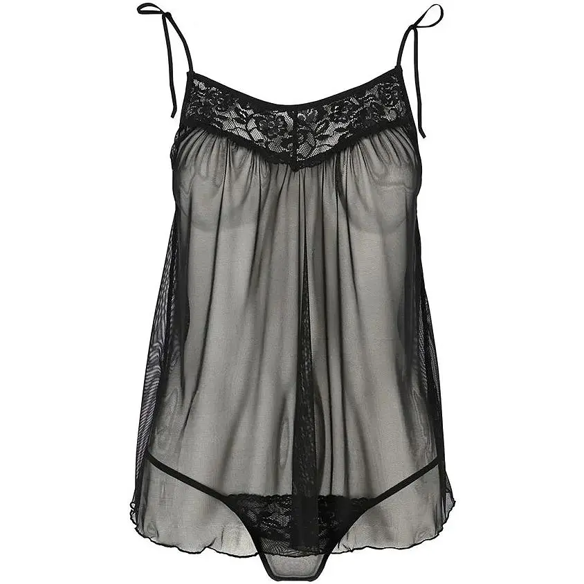 Сорочка прозора бебі дол Passion MELANIA CHEMISE Black L/XL, трусики, на тонких бретелях - фото 3