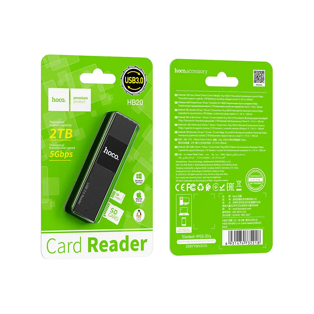 Зчитувач флеш-карт HOCO USB3.0 to microSD, microSDHC, microSDXC, SD, SDHC, SDXC, HB20 Black (6931474735218) - фото 4