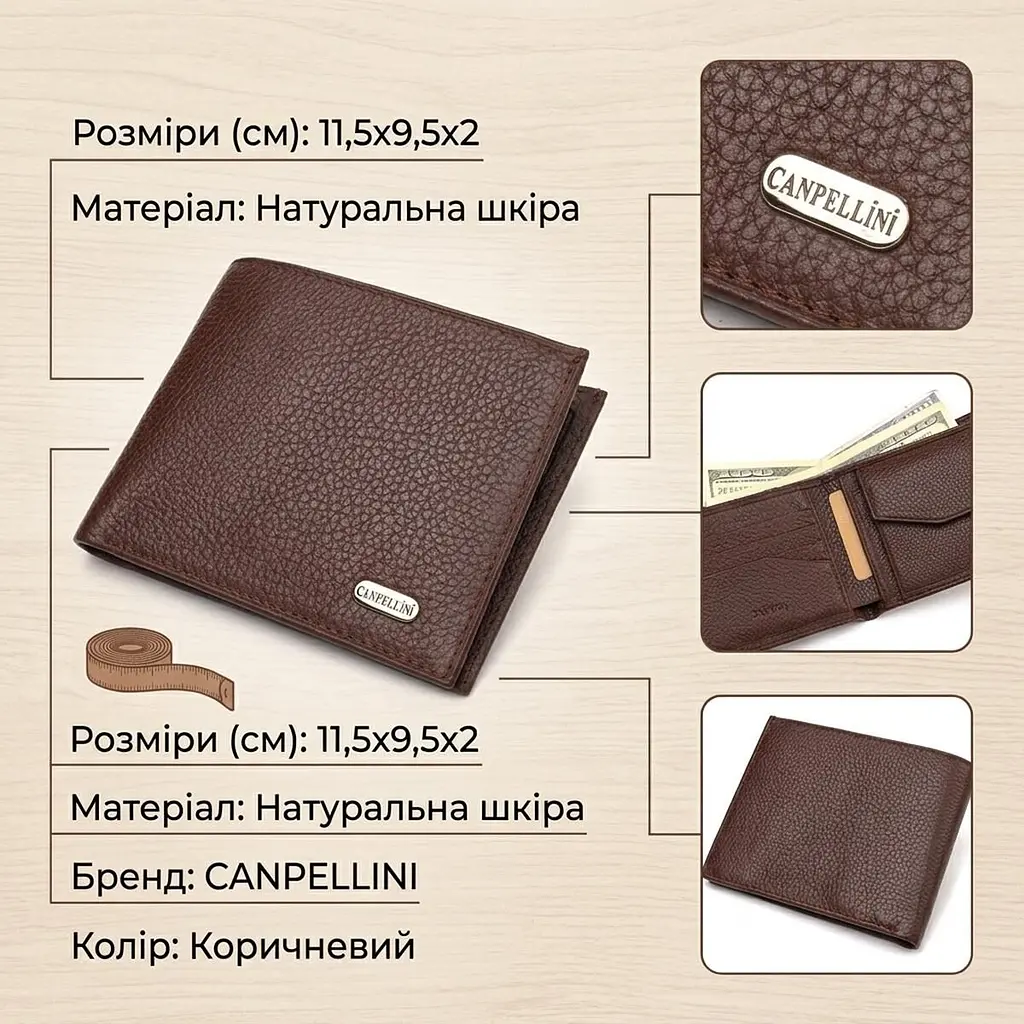 Чудовий чоловічий портмоне з натуральної зернистої шкіри Canpellini 21775 коричневе - фото 3