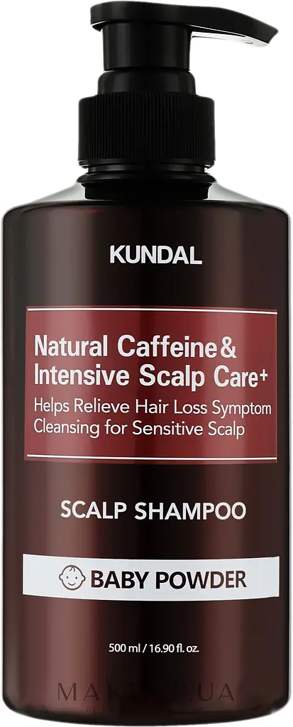 Шампунь проти випадіння «Дитяча присипка» 500 мл Kundal Natural Caffeine & Intensive Scalp Care Shampoo Baby Powder - фото 2
