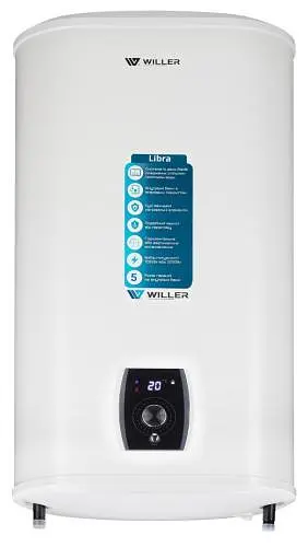 Водонагрівач Willer EVH80DRI Libra, білий, 2000W, 80л, плоский, сухий ТЕН, універсальний монтаж, 2 ТЕНА, електронне