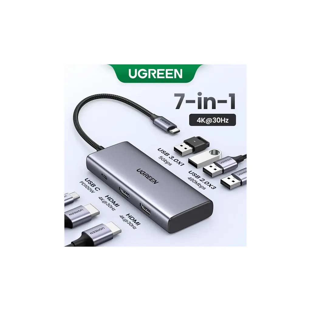 Порт-репликатор Ugreen Dock CM498 USB 3.0 Type-C -> 1хUSB-A 3.0/3хUSB-A 2.0/2xHDMI 4K 30Гц PD (35897) - фото 5