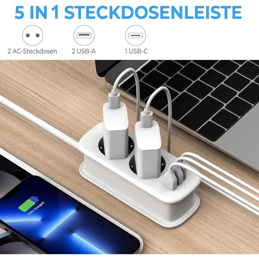 Зарядний пристрій Unidapt USB довжиною 1.5 м з 2 розетками змінного струму, 2 портами USB та 1 портом Type C - фото 2