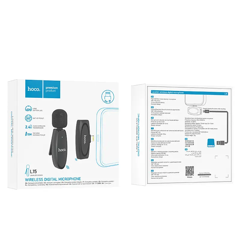 Мікрофон-петличка Hoco L15 iP Crystal lavalier wireless digital microphone Чорний - фото 2
